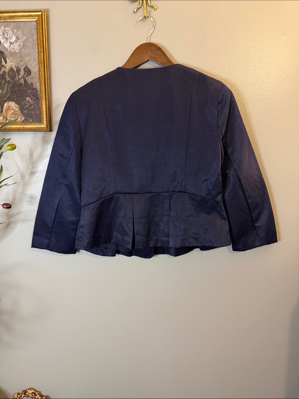 Tulle Navy Cropped Blazer Jacket Medium Ruched Sleeve Peplum Open Front - Picture 8 of 8